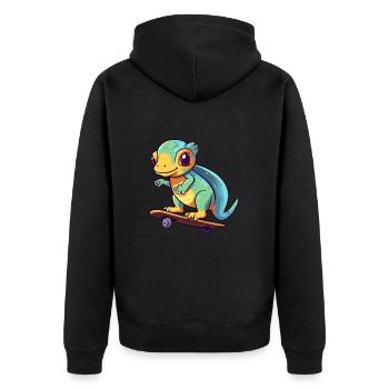 Funny Chameleon Kawaii Cartoon Playing Skateboard - Unisex Premium Organic Zip Hoodie - black - Back - Nico (187cm)