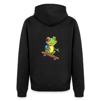 Lustiger Frosch Kawaii Cartoon Haustier spielt Skateboard - Unisex Premium Bio Zip Hoodie - Schwarz - Hinten - Nico (187cm)