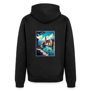 Thun Schweiz Vintage Reiseposter Souvenir - Unisex Premium Bio Zip Hoodie - Schwarz - Hinten - Nico (187cm)