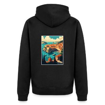 Dubrovnik Kroatien Vintage Reiseposter Souvenir - Unisex Premium Bio Zip Hoodie - Schwarz - Hinten - Nico (187cm)