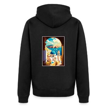 Santorin Grèce décoration grec voyage affiche - Veste à capuche bio Premium Unisexe - noir - Dos - Nico (187cm)