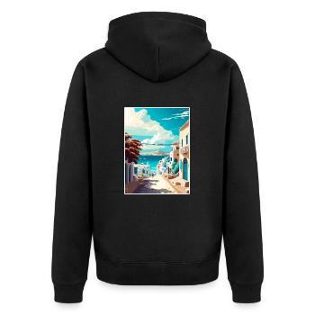 Mykonos Griechenland Dekoration Vintage Reiseposter - Unisex Premium Bio Zip Hoodie - Schwarz - Hinten - Nico (187cm)
