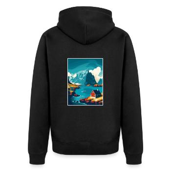Lofoten Norwegisches Vintage-Reiseposter - Unisex Premium Bio Zip Hoodie - Schwarz - Hinten - Nico (187cm)