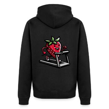Eine Erdbeere auf einem Laufband - Unisex Premium Bio Zip Hoodie - Schwarz - Hinten - Nico (187cm)