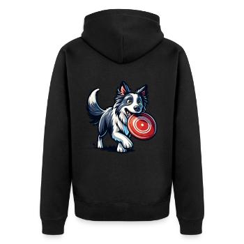 A border collie happily plays with a frisbee - Unisex Premium Organic Zip Hoodie - black - Back - Nico (187cm)