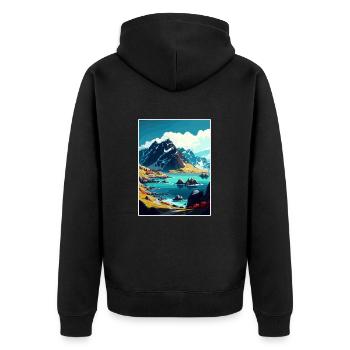 Lofoten Norwegisches Vintage-Reiseposter - Unisex Premium Bio Zip Hoodie - Schwarz - Hinten - Nico (187cm)