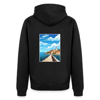 Piran Slovénie affiche de voyage vintage WPA Souvenir - Veste à capuche bio Premium Unisexe - noir - Dos - Nico (187cm)