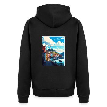 Bergan Norvège Oslo Vintage voyage affiche Souvenir - Veste à capuche bio Premium Unisexe - noir - Dos - Nico (187cm)