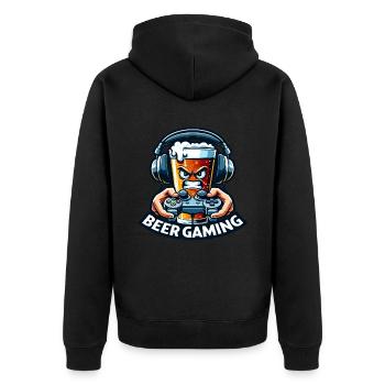 Ein Bier im Cartoon-Stil, das Videospiele abspielt - Unisex Premium Bio Zip Hoodie - Schwarz - Hinten - Nico (187cm)