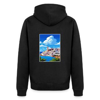 Ibiza Spanien Vintage Reiseposter WPA Souvenir - Unisex Premium Bio Zip Hoodie - Schwarz - Hinten - Nico (187cm)