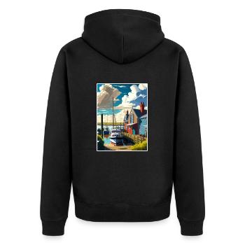 Whitstable Harbour England Vintage Reiseposter - Unisex Premium Bio Zip Hoodie - Schwarz - Hinten - Nico (187cm)