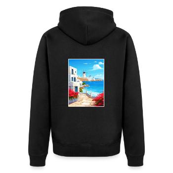 Mykonos Griechenland Dekoration Vintage Reiseposter - Unisex Premium Bio Zip Hoodie - Schwarz - Hinten - Nico (187cm)