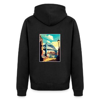 Newcastle England Vintage Reiseposter Souvenir - Unisex Premium Bio Zip Hoodie - Schwarz - Hinten - Nico (187cm)
