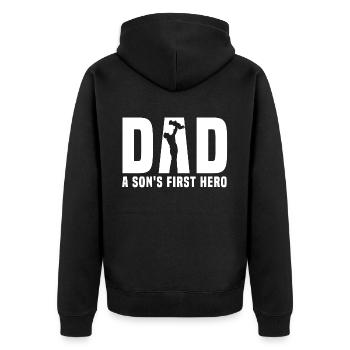 dad son hero - Unisex Premium Bio Zip Hoodie - Schwarz - Hinten - Nico (187cm)