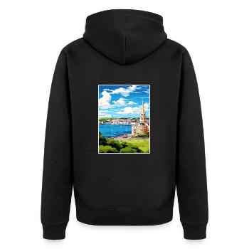 Plymouth England Vintage Travel Poster Souvenir - Unisex Premium Organic Zip Hoodie - black - Back - Nico (187cm)
