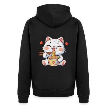 cute cat eating ramen - Unisex Premium Organic Zip Hoodie - black - Back - Nico (187cm)