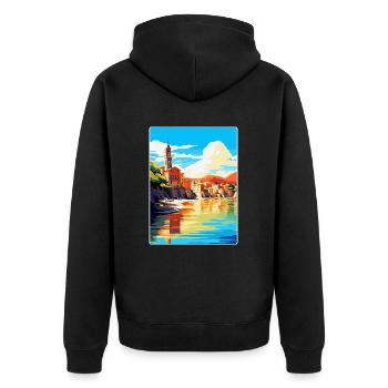 San Sebastian Spanien Vintage Reiseplakat Souvenir - Unisex Premium Bio Zip Hoodie - Schwarz - Hinten - Nico (187cm)