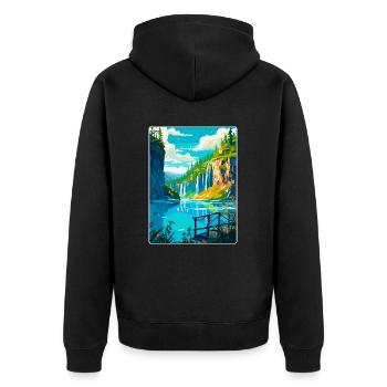 Plitvice Kroatien Vintage Reiseplakat Souvenir - Unisex Premium Bio Zip Hoodie - Schwarz - Hinten - Nico (187cm)