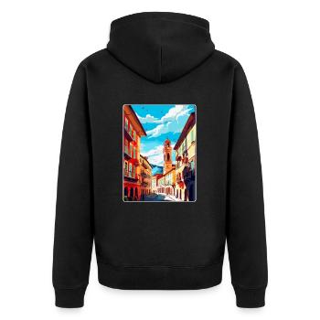 Pamplona Spanien Vintage Reiseplakat Souvenir WPA - Unisex Premium Bio Zip Hoodie - Schwarz - Hinten - Nico (187cm)
