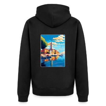 Umag Kroatien Vintage Reiseplakat WPA Souvenir - Unisex Premium Bio Zip Hoodie - Schwarz - Hinten - Nico (187cm)