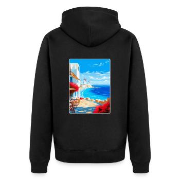 Mykonos Griechenland Vintage Reiseplakat Souvenir WPA - Unisex Premium Bio Zip Hoodie - Schwarz - Hinten - Nico (187cm)