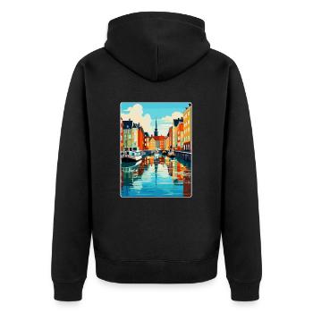 Copenhague, Danemark, Affiche de voyage vintage souvenir - Veste à capuche bio Premium Unisexe - noir - Dos - Nico (187cm)