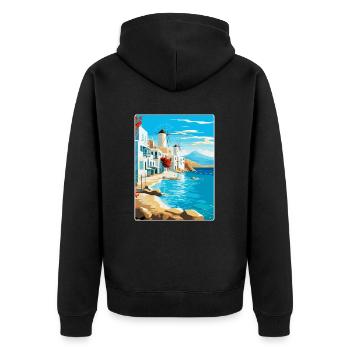 Mykonos Griechenland Vintage Reiseplakat Souvenir WPA - Unisex Premium Bio Zip Hoodie - Schwarz - Hinten - Nico (187cm)