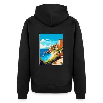 Costa Brava Spanien Vintage Reiseplakat Souvenir - Unisex Premium Bio Zip Hoodie - Schwarz - Hinten - Nico (187cm)