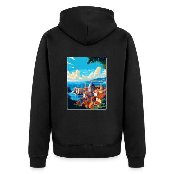 Dubrovnik Kroatien Vintage Reiseplakat Souvenir - Unisex Premium Bio Zip Hoodie - Schwarz - Hinten - Nico (187cm)