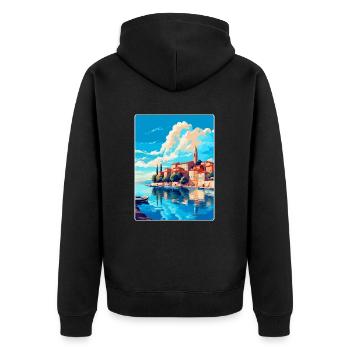 Novigrad Kroatien Vintage Reise Poster Souvenir - Unisex Premium Bio Zip Hoodie - Schwarz - Hinten - Nico (187cm)