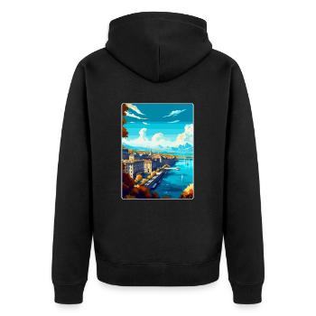 Genf Schweiz Vintage Reiseplakat Souvenir - Unisex Premium Bio Zip Hoodie - Schwarz - Hinten - Nico (187cm)