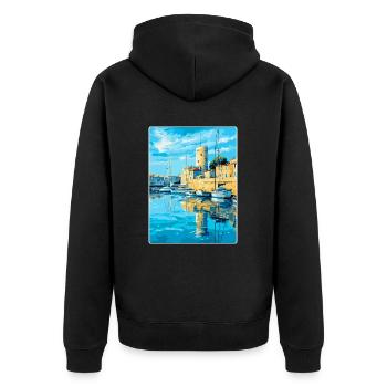 La Rochelle Frankreich Vintage Reiseplakat Souvenir - Unisex Premium Bio Zip Hoodie - Schwarz - Hinten - Nico (187cm)
