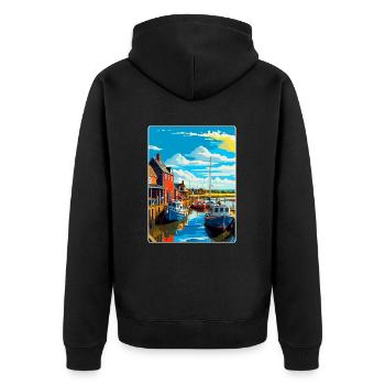 Whitstable Harbour, England, Vereinigtes Königreich, Reiseposter, WPA - Unisex Premium Bio Zip Hoodie - Schwarz - Hinten - Nico (187cm)
