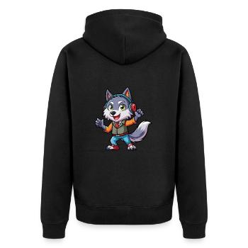 Wolf Funny Cartoon Character Headphone Music - Unisex Premium Organic Zip Hoodie - black - Back - Nico (187cm)