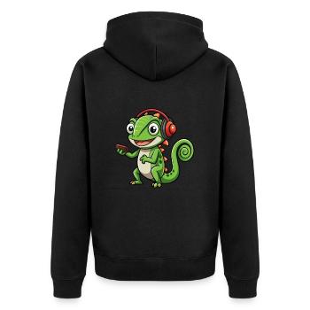 Chameleon Funny Cartoon Character Headphone Music - Unisex Premium Organic Zip Hoodie - black - Back - Nico (187cm)