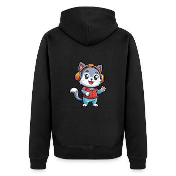 Cat Funny Cartoon Character Headphone Music - Unisex Premium Organic Zip Hoodie - black - Back - Nico (187cm)