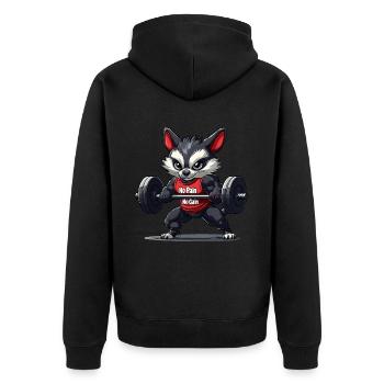 Ein Waschbär, der Kraftsport macht - Unisex Premium Bio Zip Hoodie - Schwarz - Hinten - Nico (187cm)