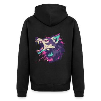 Porträt eines wütenden Wolfes mit leuchtenden Farben - Unisex Premium Bio Zip Hoodie - Schwarz - Hinten - Nico (187cm)