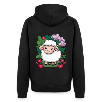 Süßes Kawaii Schaf mit Erdbeeren & Orchideen - Unisex Premium Bio Zip Hoodie - Schwarz - Hinten - Nico (187cm)
