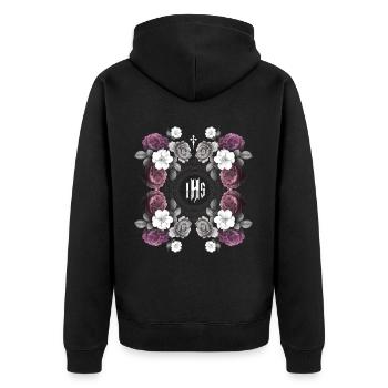 Jesus-Motiv, Jesus Christus IHS mit Vintage-Rosen - Unisex Premium Bio Zip Hoodie - Schwarz - Hinten - Nico (187cm)