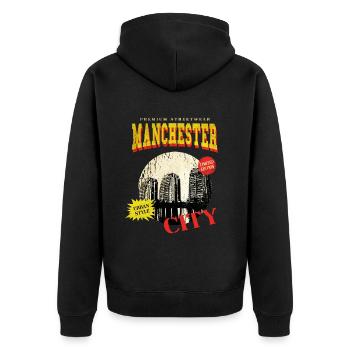 Manchester England UK Stadt Skyline Vintage Retro - Unisex Premium Bio Zip Hoodie - Schwarz - Hinten - Nico (187cm)