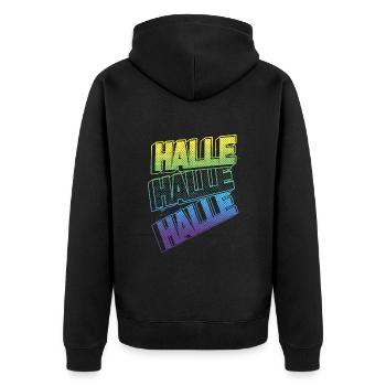 Halle Deutschland Stadt Schrift Skyline Heimat - Unisex Premium Bio Zip Hoodie - Schwarz - Hinten - Nico (187cm)