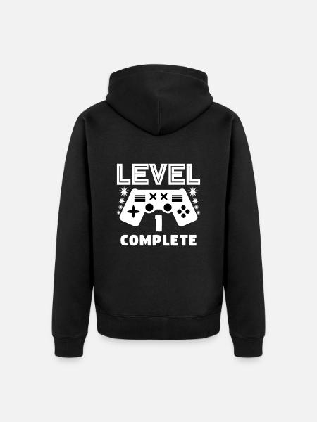 Level 1 complete 1 Geburtstag Spielkonsole - Unisex Premium Bio Zip Hoodie - Schwarz