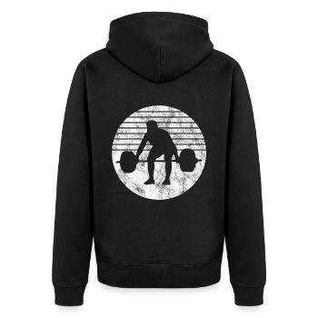 Bodybuilding Bodybuilder GYM Fitnessstudio Retro - Unisex Premium Bio Zip Hoodie - Schwarz - Hinten - Nico (187cm)