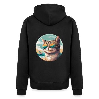 Cat on the beach with sunglasses and sailboat - Unisex Premium Organic Zip Hoodie - black - Back - Nico (187cm)