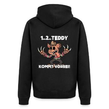 1 2 Teddy kommt vorbei - Unisex Premium Bio Zip Hoodie - Schwarz - Hinten - Nico (187cm)