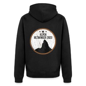 Alpenbezwinger 2023 Alpenüberquerung Finisher - Unisex Premium Bio Zip Hoodie - Schwarz - Hinten - Nico (187cm)