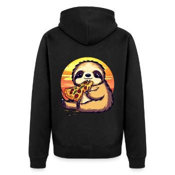 Pizza Faultier im Sonnenuntergang - Unisex Premium Bio Zip Hoodie - Schwarz - Hinten - Nico (187cm)