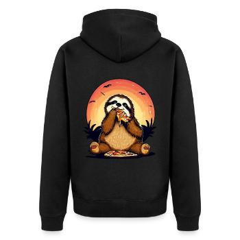 Pizza Faultier im Sonnenuntergang - Unisex Premium Bio Zip Hoodie - Schwarz - Hinten - Nico (187cm)