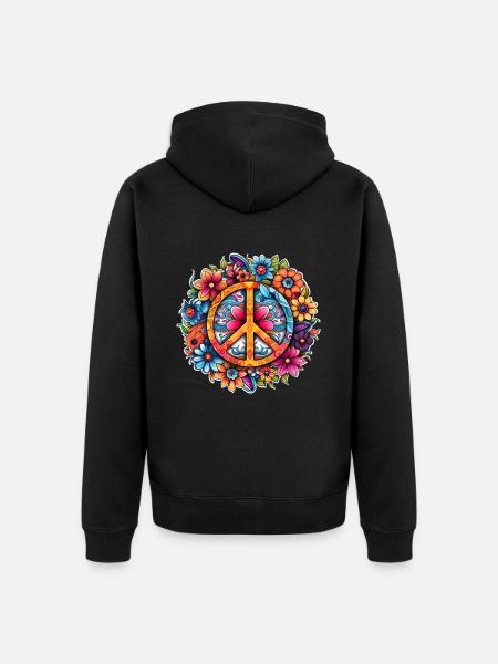 Peace Love Mandala 60s Sticker - Unisex Premium Organic Zip Hoodie - black